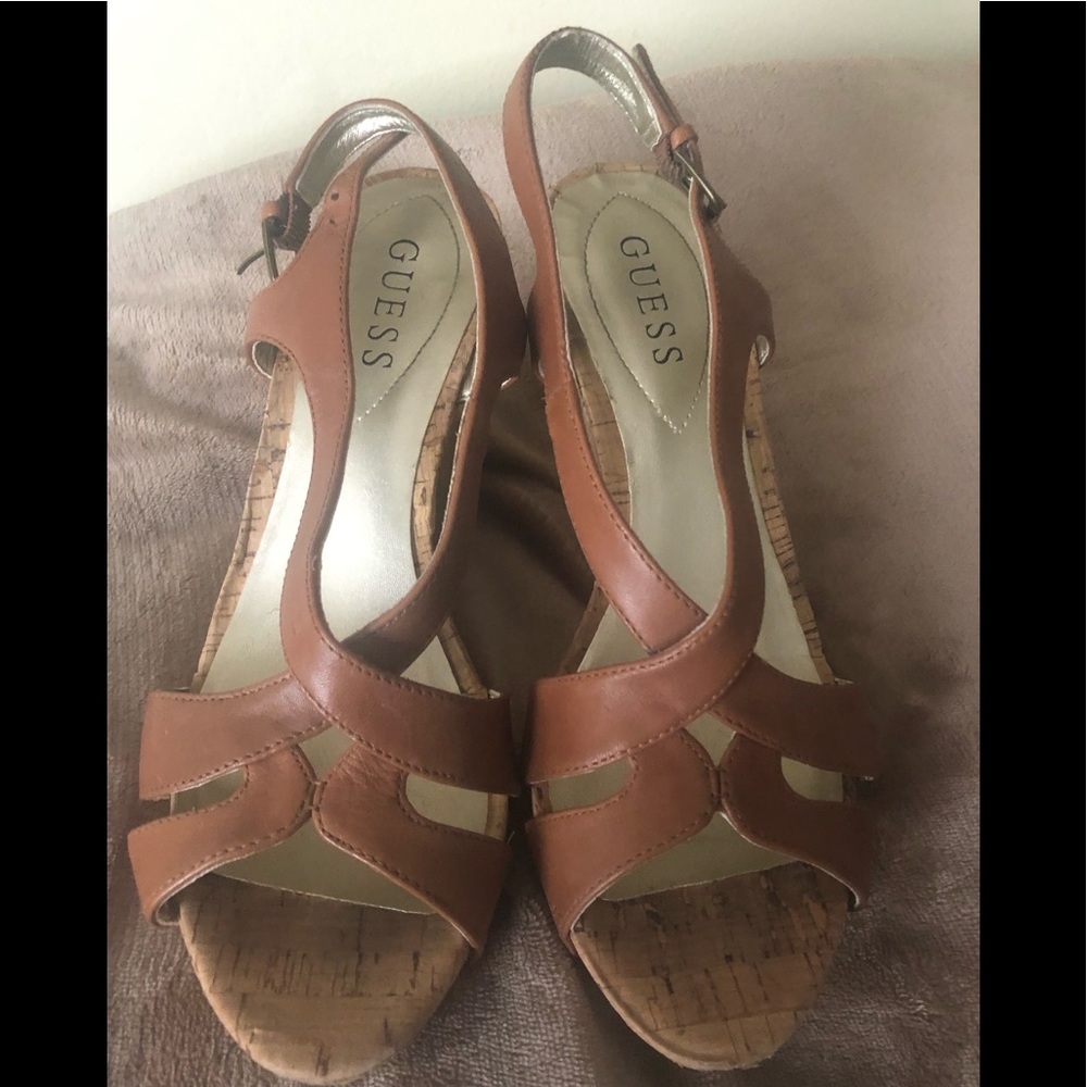 GUESS caramel leather wedge sandals, cork bottom